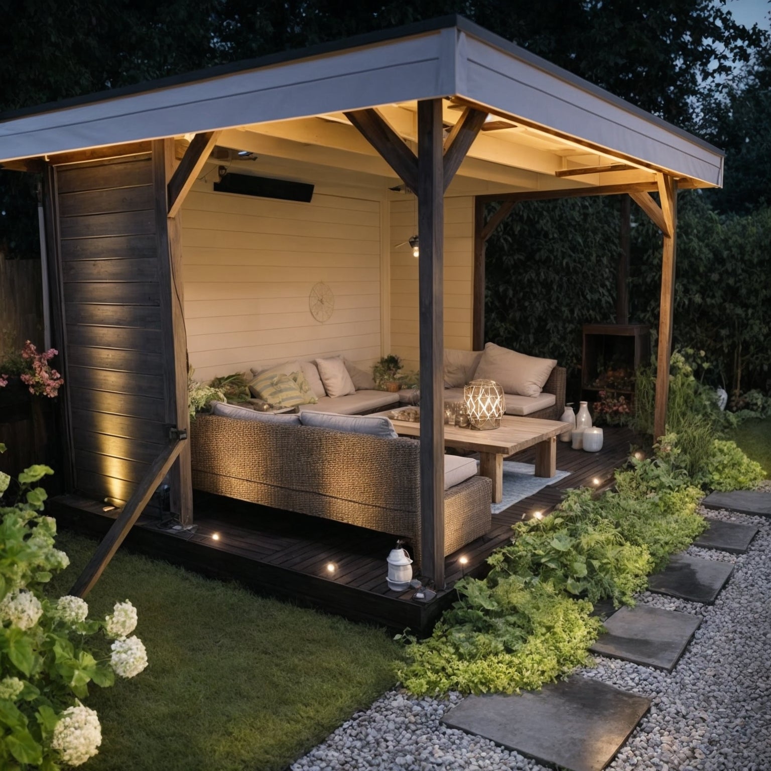 Mooi verlichte veranda met ingebouwde Bodin grondspot